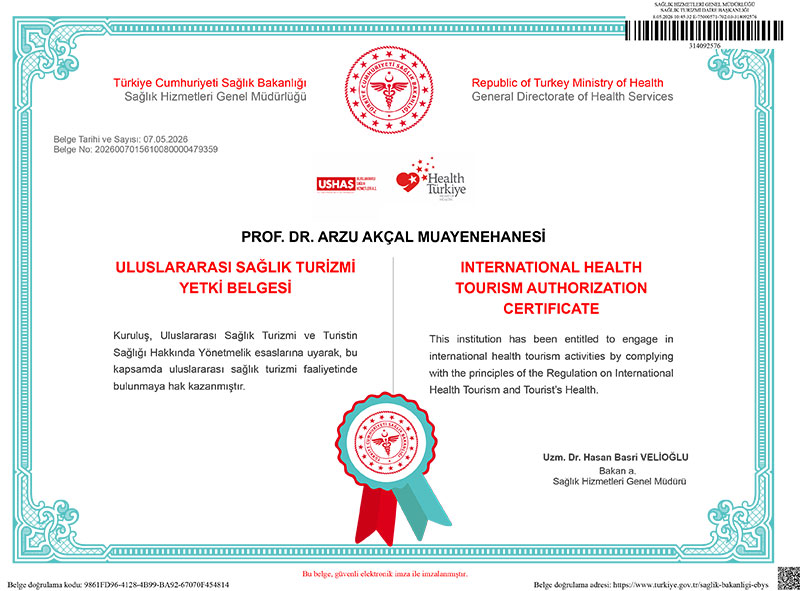 Prof. Dr. Arzu Akçal Uluslararası Sağlık Turizmi Yetki Belgesi